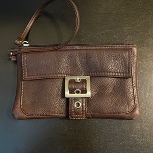 Hobo Brown Leather Zip Wristlet with Snap Front Pocket.